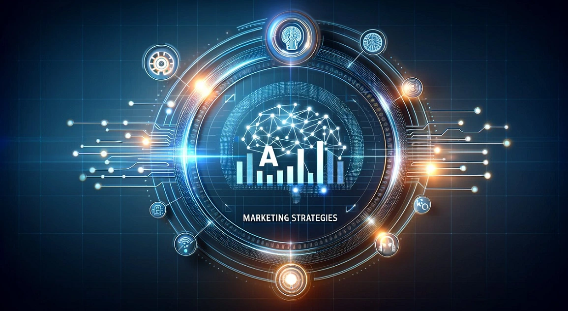 A digital marketing image depicting the concept of AI marketing strategies