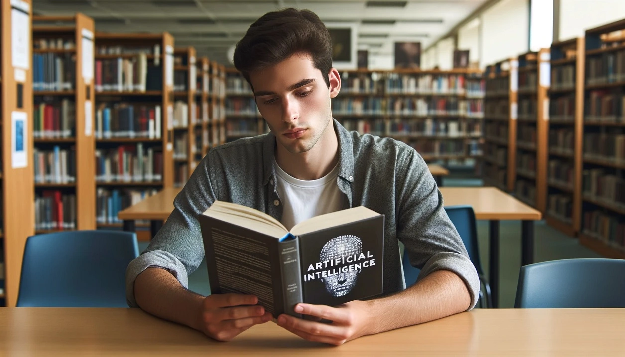 Learn Artificial Intelligence - A young guy sitting in a library, learning AI - Learn AI