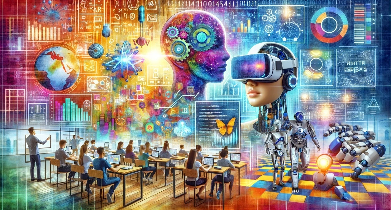 Masters in Artificial Intelligence - A vibrant, futuristic collage showcasing various aspects of Artificial Intelligence education.