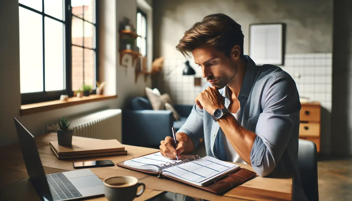 A man preparing his daily schedule to stay organized and productive