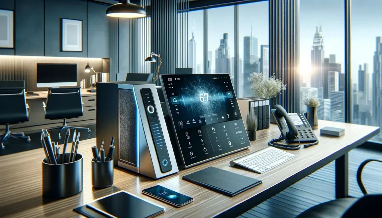 A modern office setting with a sophisticated AI business phone system on a desk