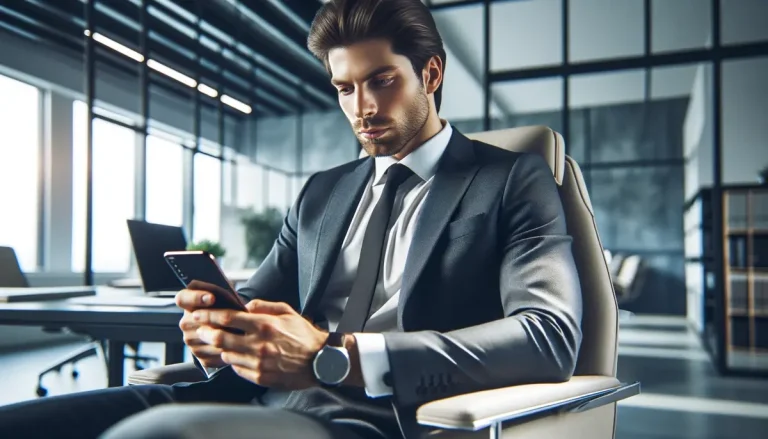 AI SMS Marketing - A professional sitting in his office and using his smartphone