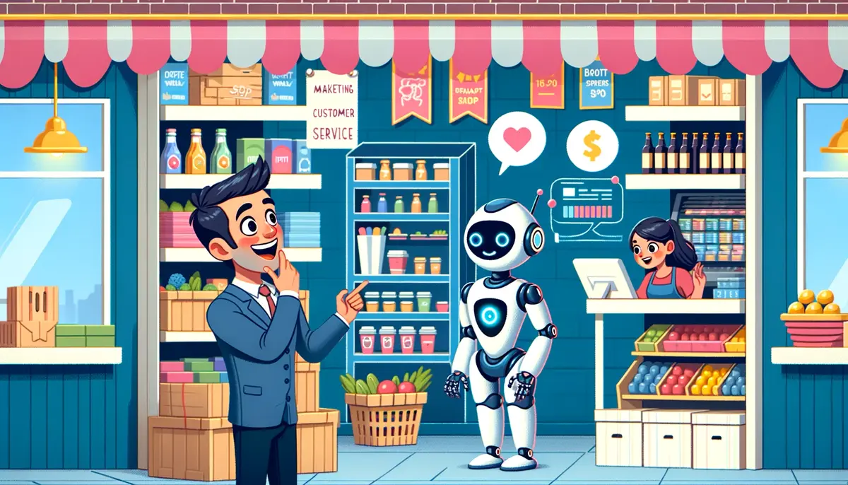 Save money for small businesses - A cartoonist image of a man buying stuff from an AI-driven store - Bigly Sales