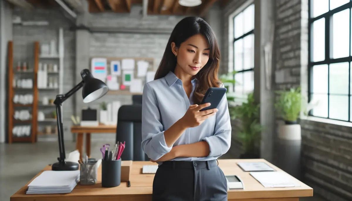 Conversational AI Marketing - An Asian lady using her smart phone in her office