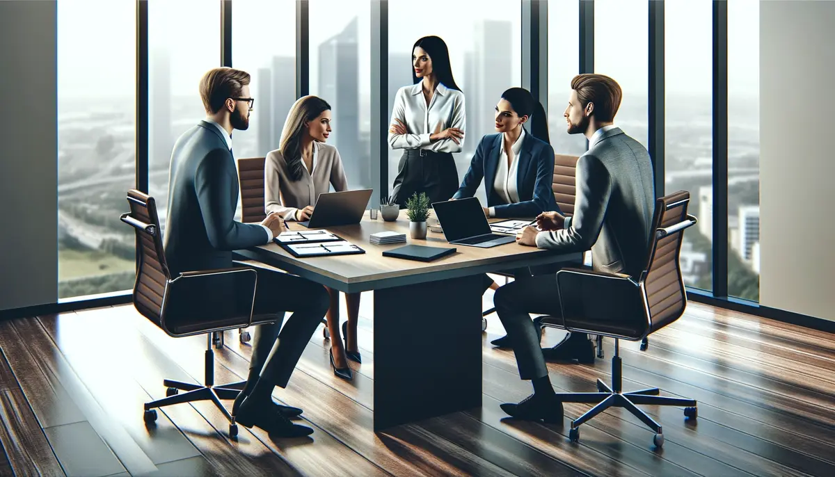 SDR Productivity - A sales team in a meeting in a high rise building - Bigly Sales