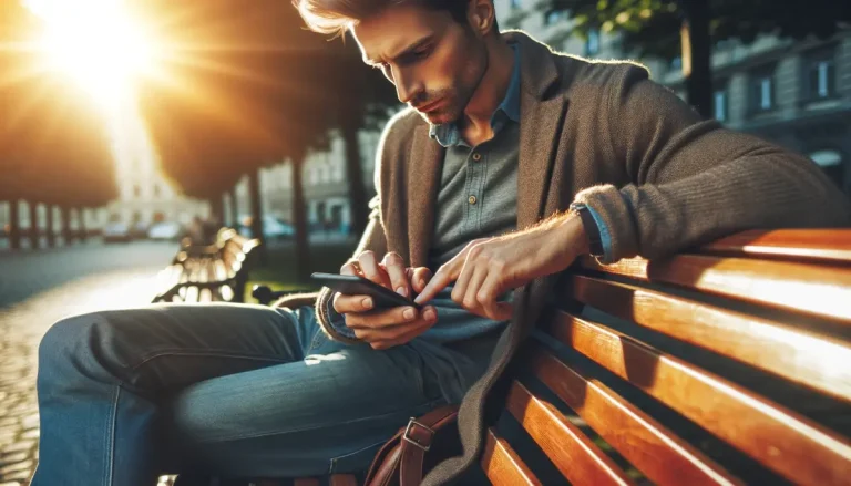 SMS AI - A guy using his smartphone while sitting on a bench in a park