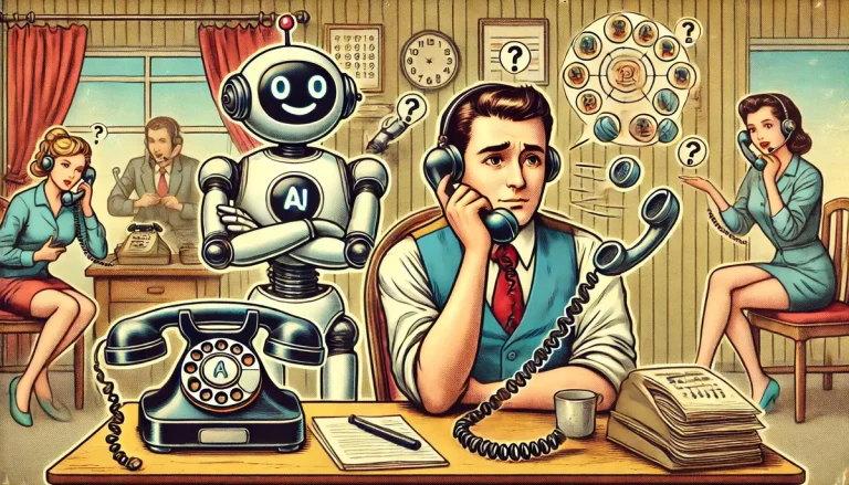 AI calls - AI robo agent at work - A robot working in an old call center - Bigly Sales