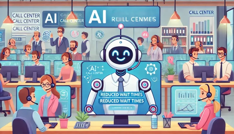 Reduce call center wait times - Get an AI and minimize call center waiting time - An image of a call center, lead by an AI