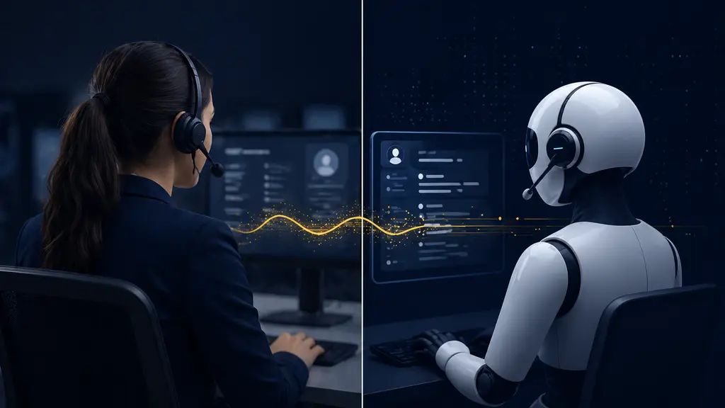 Human-AI Collaboration - A split screen where on one side a human calling agent is working and on the other side it is an AI calling agent