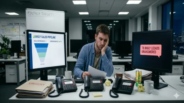 Sales rep at desk surrounded by unanswered calls and empty pipeline dashboard - Broken Outbound Sales