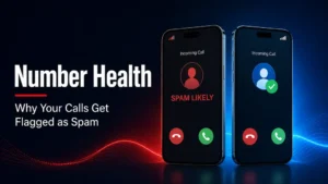 Two smartphones showing the contrast between a spam flagged outbound call and a verified clean call connecting illustrating number health in outbound calling