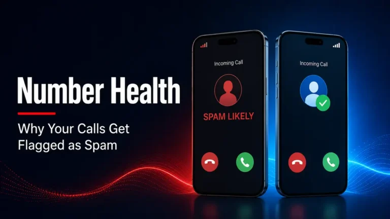 Two smartphones showing the contrast between a spam-flagged outbound call and a verified clean call connecting, illustrating number health in outbound calling