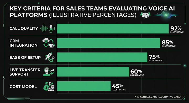 Horizontal bar chart showing the most important criteria for evaluating voice AI platforms for sales teams