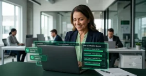 Loan officer receiving AI qualified applicant transfer on laptop personal loan AI calling platform