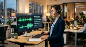 Sales professional reviewing AI voice agent analytics on a modern qualification dashboard