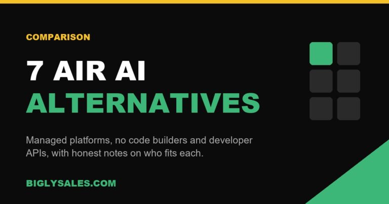 Dark graphic reading 7 Air AI Alternatives with a grid of platform tiles, one highlighted green