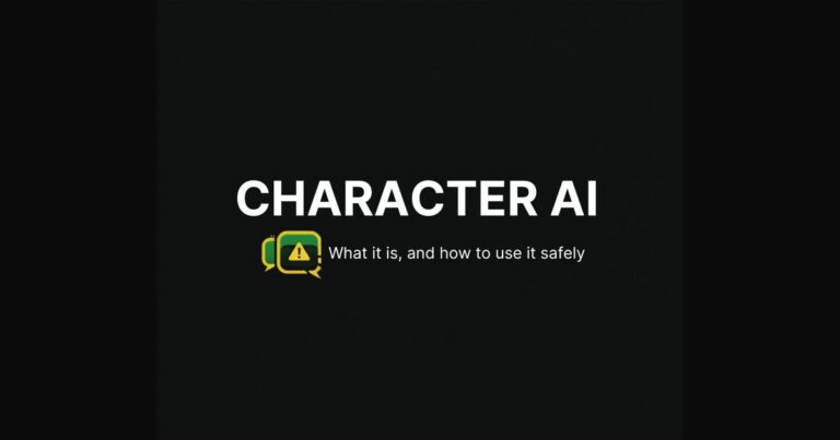 Character AI featured graphic with overlapping chat bubbles and a safety warning glyph for using AI personas safely