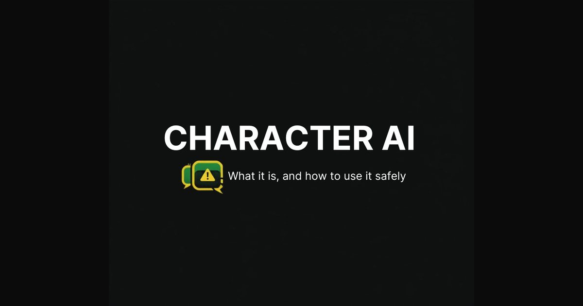Character AI featured graphic with overlapping chat bubbles and a safety warning glyph for using AI personas safely