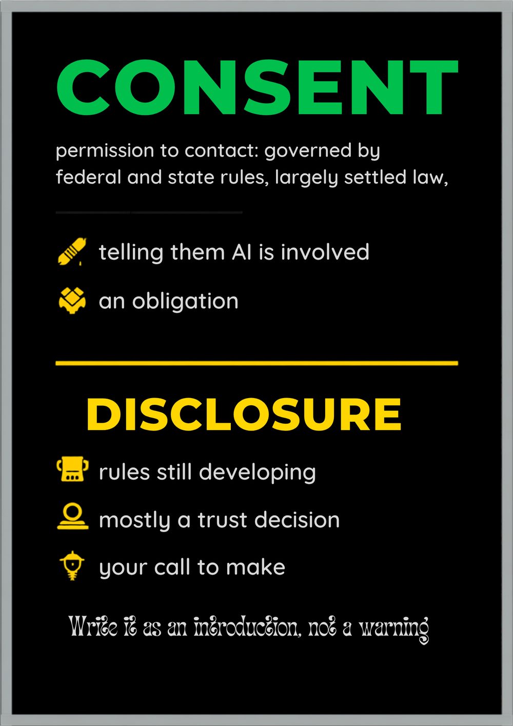 Infographic contrasting consent as a settled legal obligation against AI disclosure as a developing trust decision