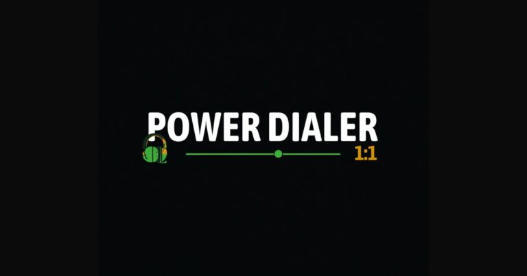 Power dialer featured graphic showing a single agent headset linked to one outbound call at a one to one dial ratio