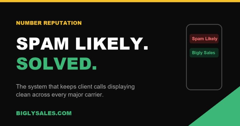 Dark graphic with the words Spam Likely Solved next to a phone showing a spam call label replaced by a Bigly Sales caller ID