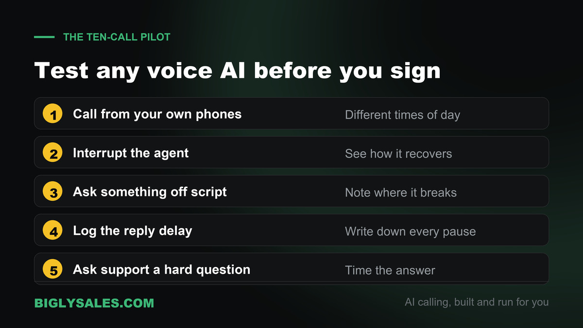Dark checklist graphic titled test any voice AI before you sign, listing five steps of a ten-call pilot from calling on your own phones to timing a support answer
