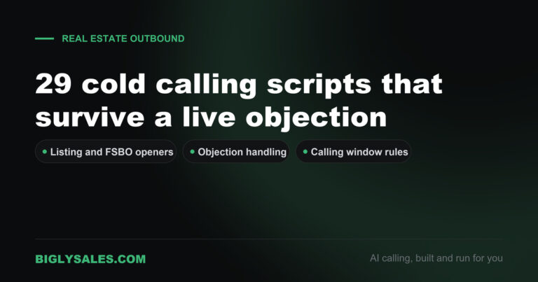Dark green and black title card reading 29 cold calling scripts that survive a live objection, with three labels for openers, objection handling and calling window rules
