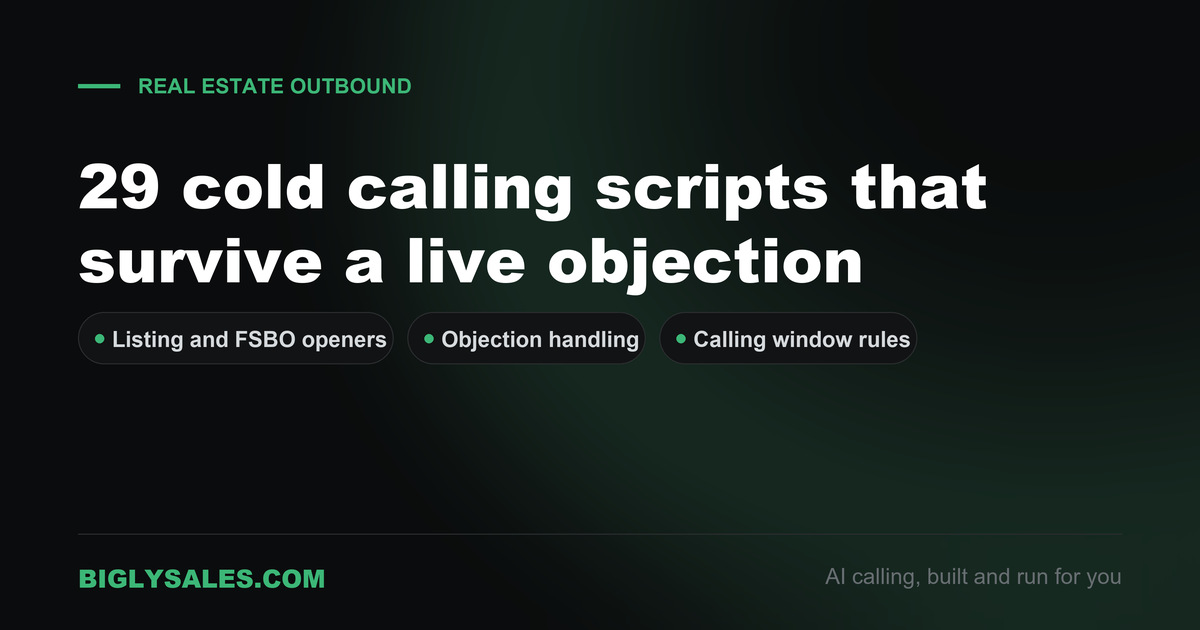 Dark green and black title card reading 29 cold calling scripts that survive a live objection, with three labels for openers, objection handling and calling window rules