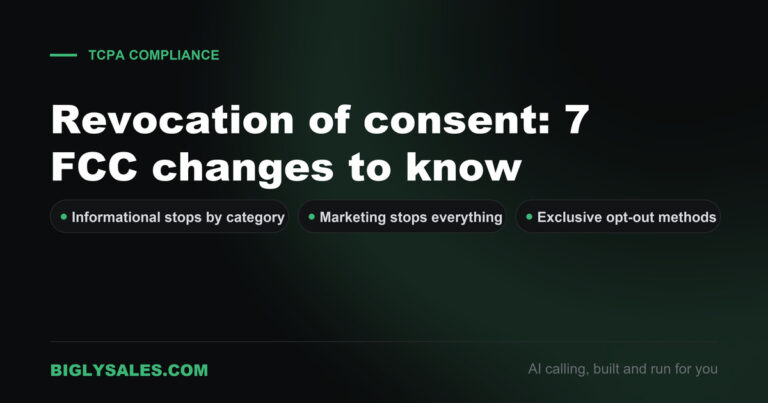 Dark title card reading revocation of consent, 7 FCC changes to know, with labels for informational stops, marketing stops and opt-out methods