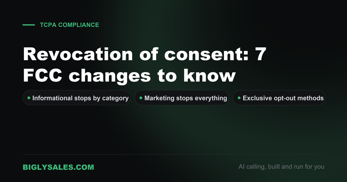 Dark title card reading revocation of consent, 7 FCC changes to know, with labels for informational stops, marketing stops and opt-out methods