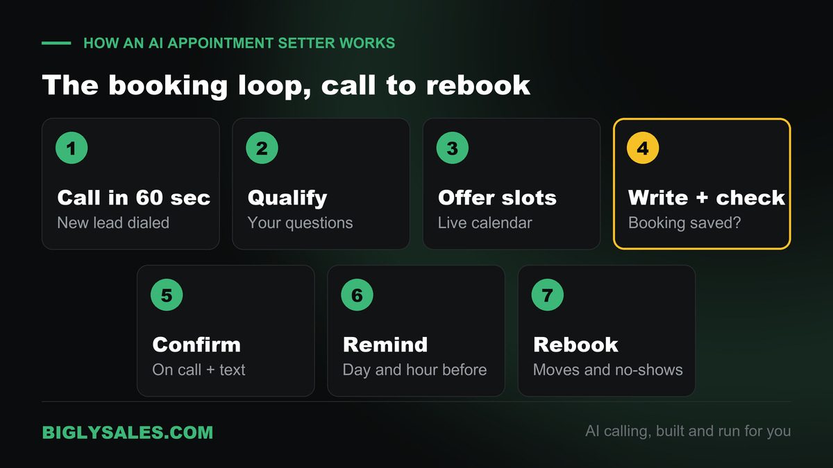 Seven step booking loop of an AI appointment setter, from the first call to the saved booking check, reminders and no-show rebooking