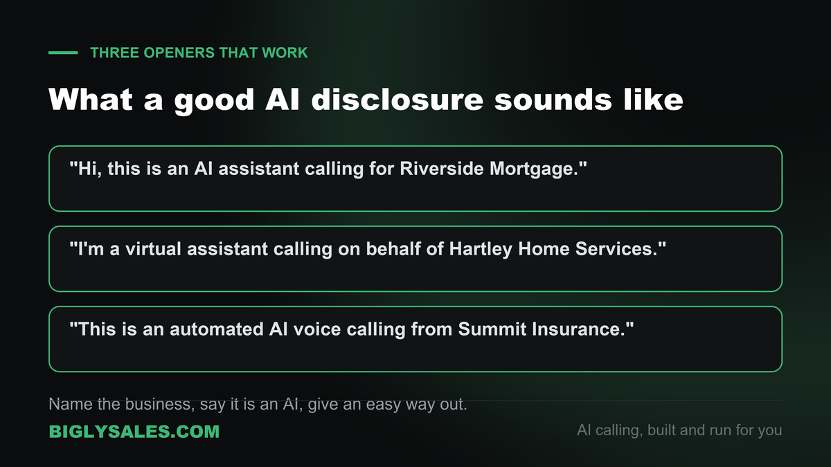 Three sample AI call openers that name the business, say it is an AI and give an easy way out