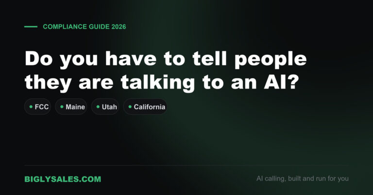 Title card asking if callers must tell people they are talking to an AI, listing FCC, Maine, Utah and California