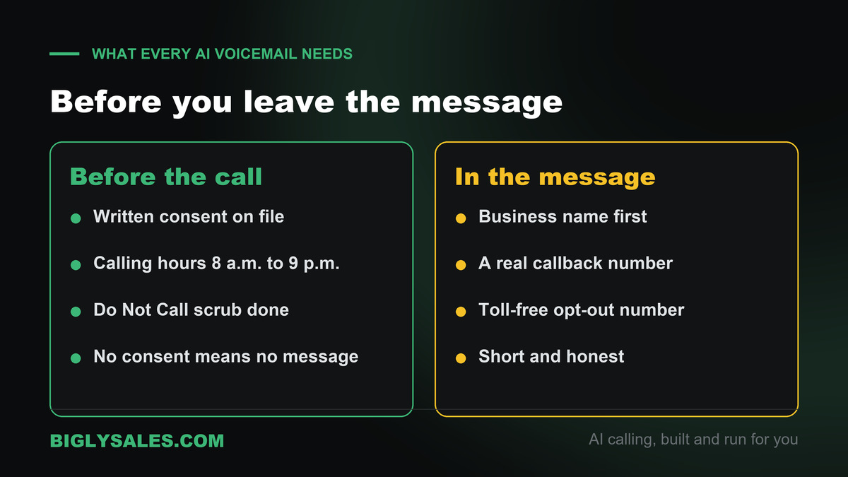 Checklist of what an AI voicemail must include, the business name first, a callback number and a toll-free opt-out number