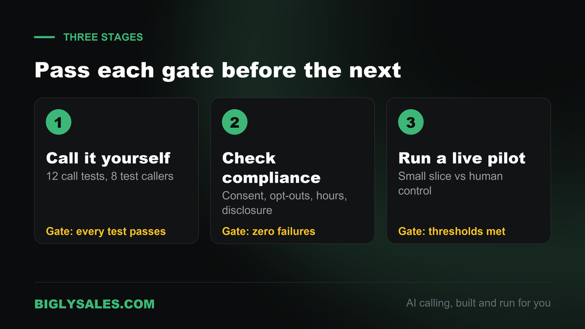 Three stage testing path for an AI voice agent, call it yourself, check compliance and data, then run a small live pilot