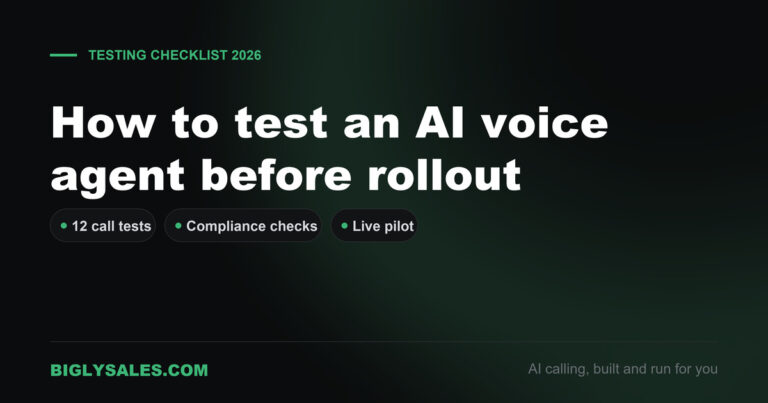 Card reading how to test an AI voice agent before rollout, with chips for 12 call tests, compliance checks and a live pilot