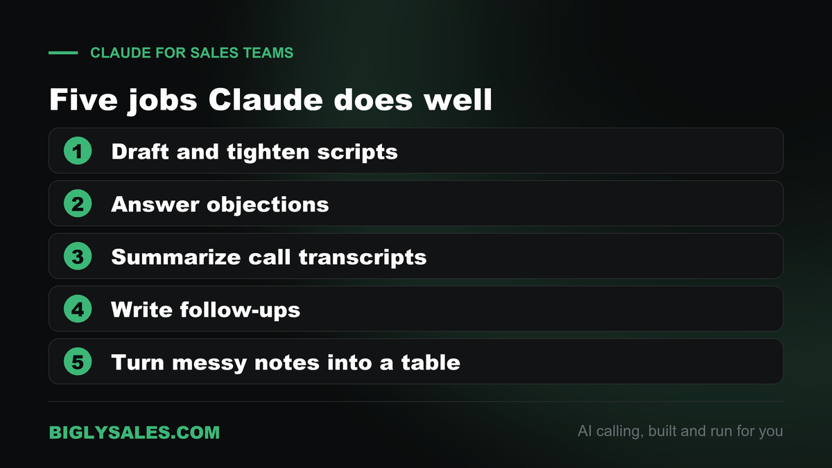 Five sales jobs Claude does well, drafting scripts, answering objections, summarizing transcripts, writing follow-ups and turning notes into a table