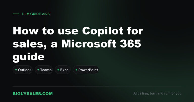 Dark card reading How to use Copilot for sales, a Microsoft 365 guide, with chips for Outlook, Teams, Excel and PowerPoint