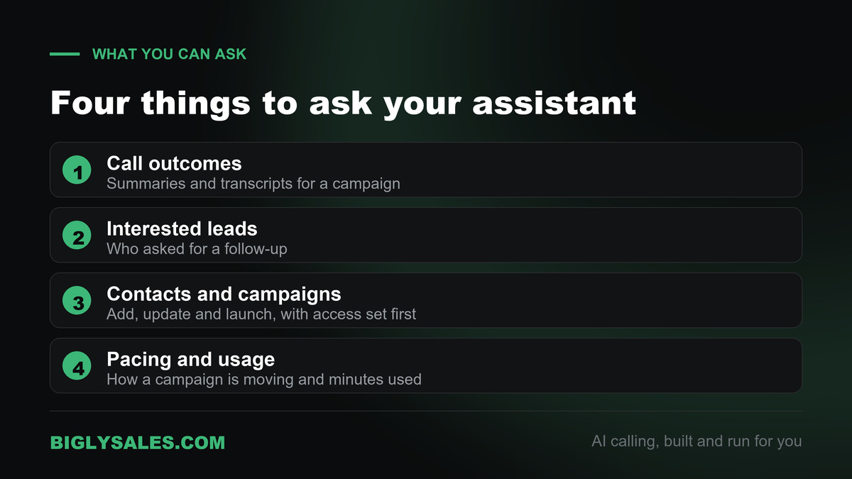 Four questions a sales manager can ask an AI assistant about calling data, from call outcomes to minute usage